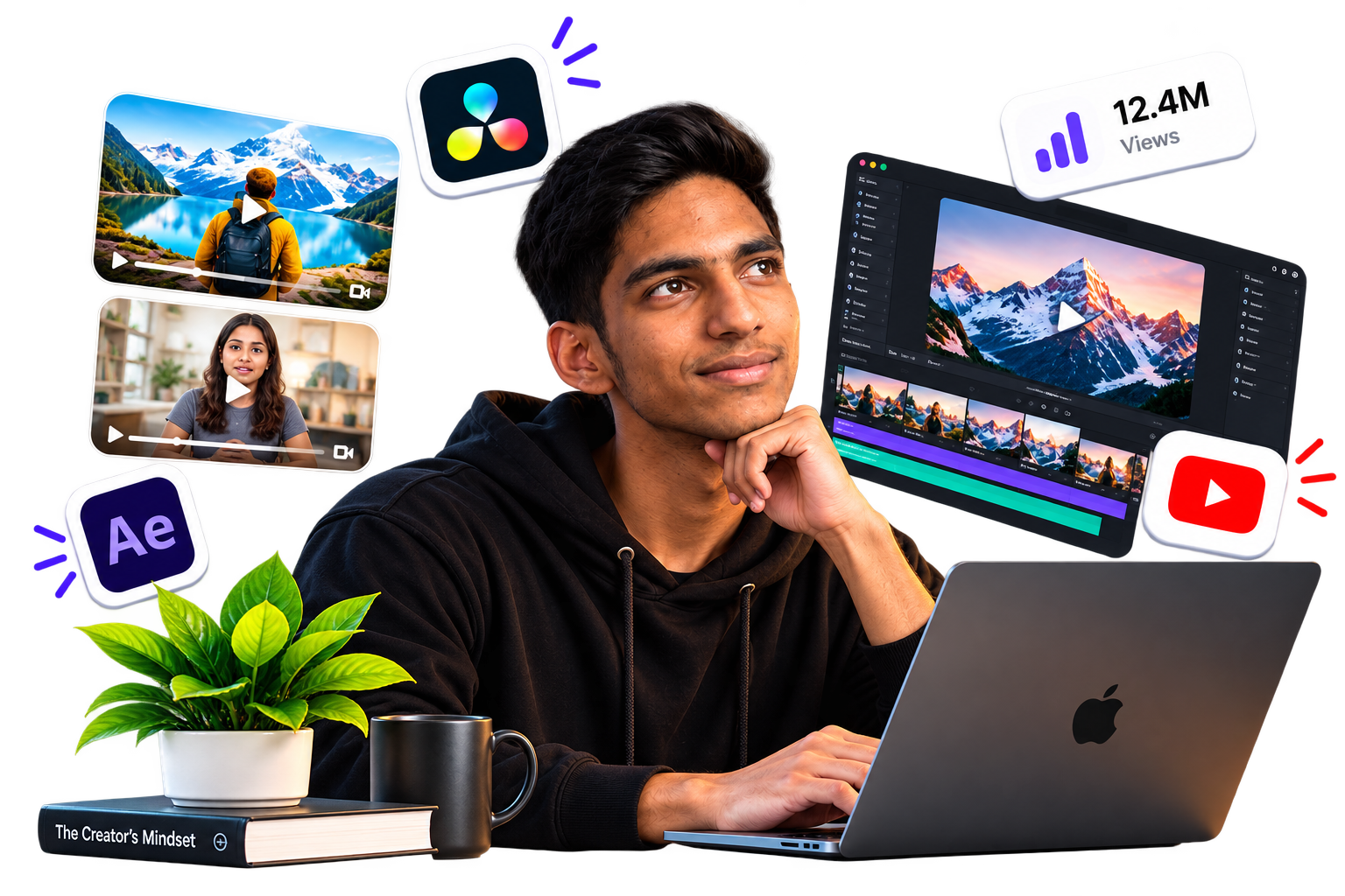 Ganesh Sharma editing video, surrounded by editing tools and results